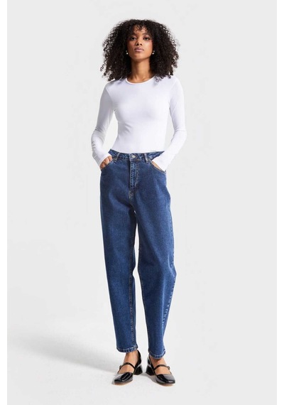 Mavi Likralı Kumaş Mom Fit Denim Pantolon Mavi