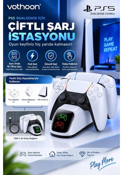 Tr Ps5 Dualsense Uyumlu Çiftli Şarj İstasyonu Hızlı Şarj Standı Led Şarj Göstergeli