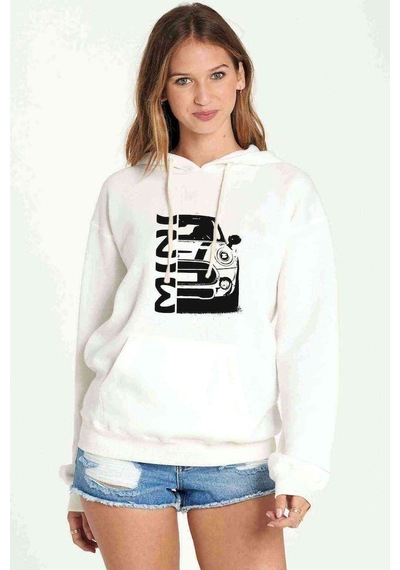 Araba Mini Baskılı Beyaz Kadın Kapşonlu Sweatshirt