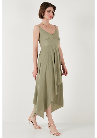 Lela Asimetrik Kesim Regular Fit Midi Boy Askılı V Yaka Bayan Elbise 5866131 Olive