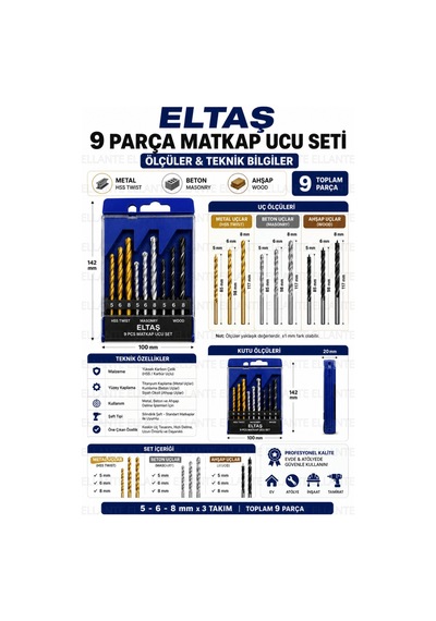 9 Parça Matkap Ucu Seti 5-6-8 Mm Metal Beton Ahşap Delme Uç Seti Hss Twist Masonry Wood Profesyonel