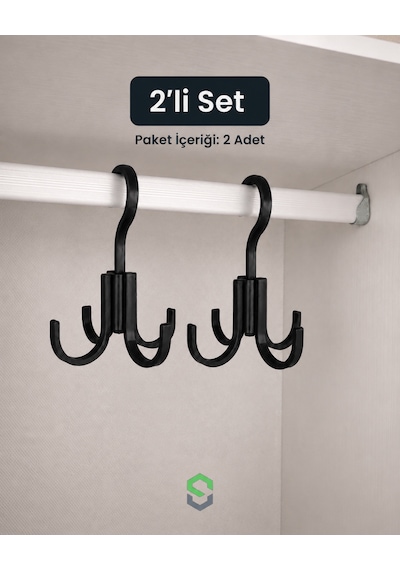 2 Li Set 4 Kancalı Çok Amaçlı Dolap İçi Askı Çanta, Kemer, Çok Amaçlı Organizer Siyah