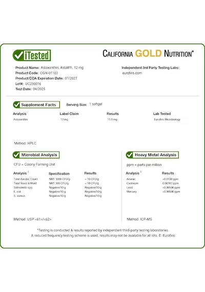 California Gold Nutrition Astaxanthin Antioxidant Carotenoid Astalif Pure Icelandic 99% 12 Mg 30 Caps