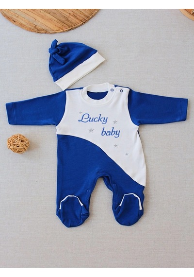 Veraura Lifestyle 0-3 3-6 Ay Lucky Baby Nakışlı Es Çizgi Boy Şapkalı Erkek Bebek Tulumu Lacivert