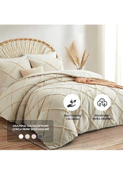 Evlen Home Pamuklu Aimar Yatak Örtüsü Takımı Çift Kişilik Günlük Boho 3 Parça Elyaf Dolgulu Bej Bej