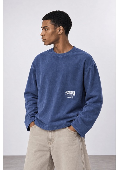Respire Erkek Always Baskılı Yıkamalı Oversize Long Sleeve Lacivert