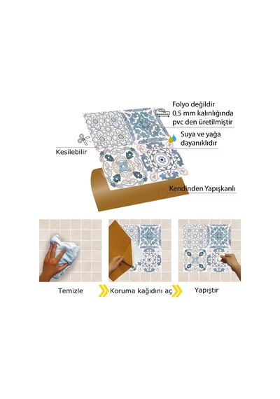 Tink Kendinden Yapışkanlı Retro 4'lü Desenli Pvc Karo 30x30 Cm