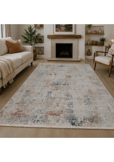 Otantik Modern Eskitme Saçaklı Salon Halısı Krem Antrasit Kiremit 200x290 Cm 1