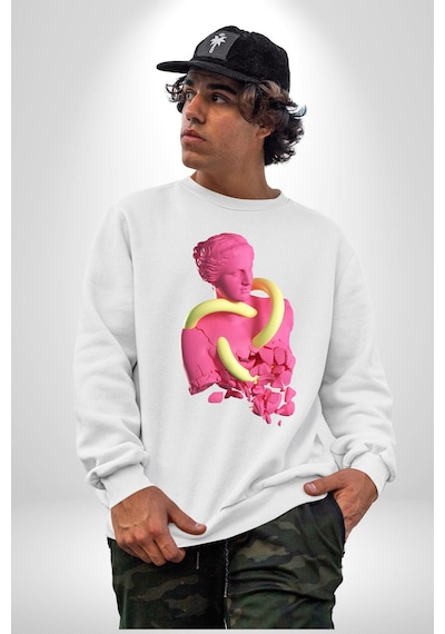 Pop Art Yaratıcı Heykel Pembe Unisex Beyaz Sweatshirt Beyaz