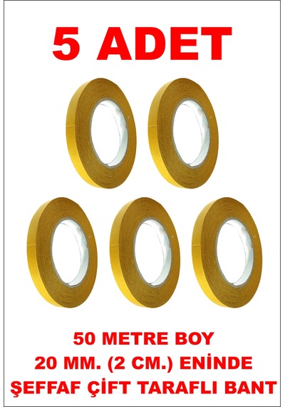 Çift Taraflı Şeffaf Bant 50 M. 20 Mm 5 Adet