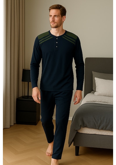 Mutlu City Erkek İnterlok Rahat Kalıp Sıfır Yaka Pamuk Pijama Takımı 6772 Lacivert-haki Mutlu City Erkek İnterlok Rahat Kalıp Sıfır Yaka Pamuk Pijama Takımı 6772 Lacivert-haki