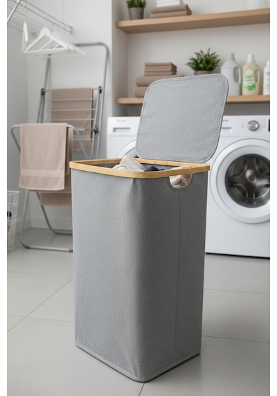 Bambu Çerçeveli 75 Litre Kapaklı Katlanabilir Kirli Çamaşır Sepeti, 60x40x30 Gri