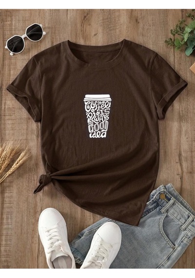 Uyguntarz Unisex Kahve Severlere Özel Tasarım Basklı Tshirt Kahverengi