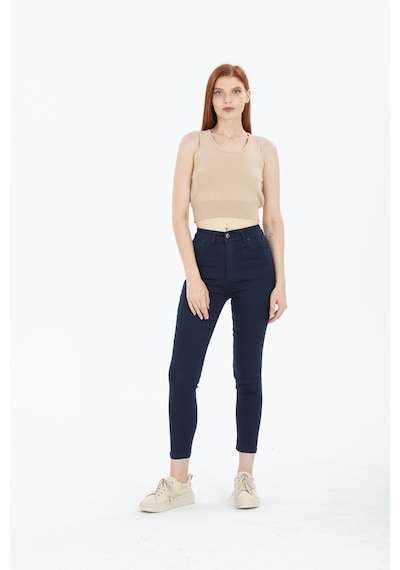 Koyu Mavi Yüksek Bel Toparlayıcı Dar Paça Skinny Power Likralı Kot Pantalon Koyu Mavi