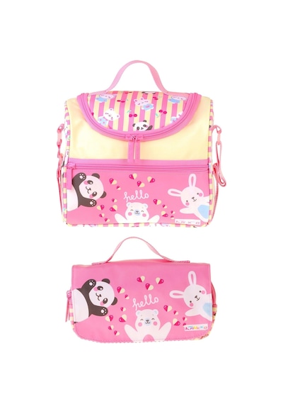Kaukko Kids Kız Çocuk Hello Baskılı Sarı - Pembe Thermo Beslenme Çantası Ve Kalemlik Seti - Setkk-l5309