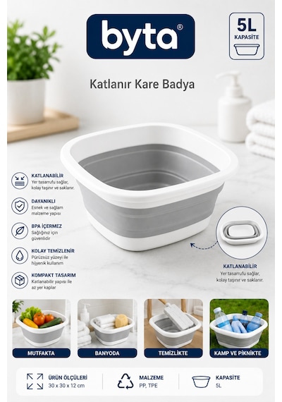 5 Litre Katlanabilir Kare Badya Katlanır Leğen Sebze Meyve Yıkama Kabı Mutfak Kamp Ve Temizlik İçin Çok Amaçlı Gri