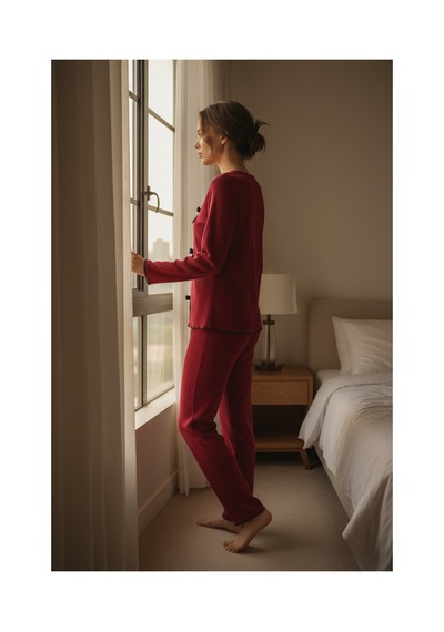 Moda Dua Kadın Bordo Fiyonklu İç Çamaşırı Ve Uzun Kollu V Yaka Pijama Takımı 4'lü Set