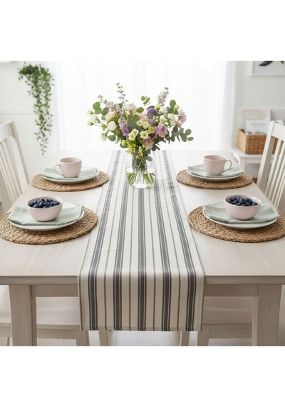 1 Adet Runner,çizgi Desenli 100% Pamuk Runner,yıkanabilir Runner 40x140 Cm Beyaz - Gri