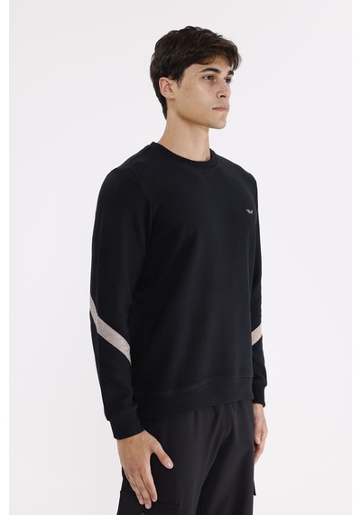 Rowinger Kol Şerit Detaylı Yuvarlak Yaka Göğüs Logolu Rahat Kalıp Mevsimlik Sweatshirt Black