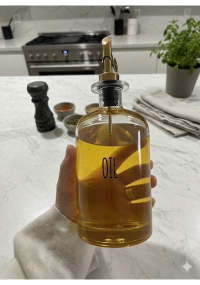 Qerhome 2'li Gold Başlıklı Şeffaf Cam Yağdanlık Seti 500 Ml+500 Ml Oliva Glass Beyaz