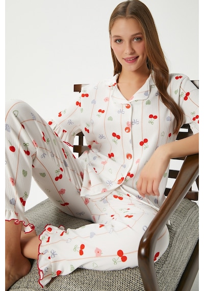 Ritnice Kadın Enda Fırfırlı Kurdela Desen Alt Üst Pijama Takımı