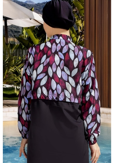 Mayom Tam Kapalı Paraşüt Kumaş Crop Model Damla Desenli Tesettür Mayo - 2526 Siyah-renkli