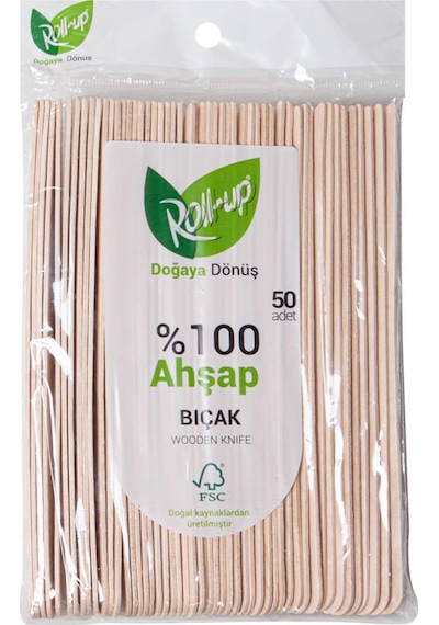Roll-up Doğaya Dönüş Ekolojik Doğal Doğa Dostu %100 Ahşap Bıçak - 16 Cm. - 50'li Paket Ahşap