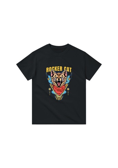 Paybuy Erkek Rocker Kedi Grafik Baskılı Kısa Kollu Tişört %100 Pamuk Müz Siyah