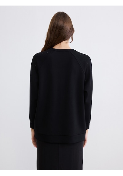 Lcw Comfort Siyah Bisiklet Yaka Taşlı Kadın Sweatshirt