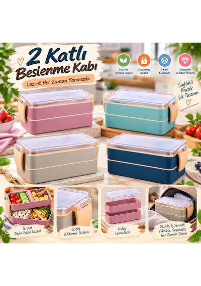 2 Katlı Bölmeli Sefer Tası / Beslenme Kabı 900ml - Kaşık Çatal Setli, Sızdırmaz Ve Bpa İçermez Açık Mavi