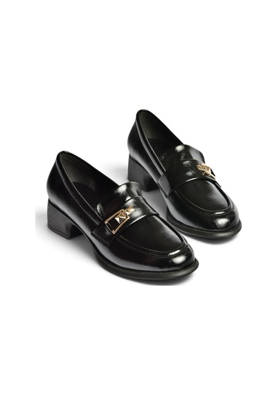 Fox Shoes Z820106460 Siyah Rustik Kalın Topuklu Loafer Ayakkabı