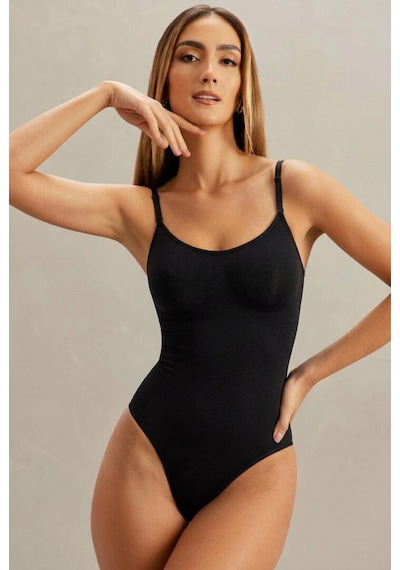 Fit Women Kadın Dikişsiz Örgü Askılı Siyah Full Body