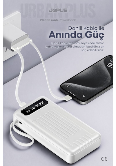 Jopus 20000mah Powerbank Dahili Kablolu, Lcd Ekranlı, Led Lambalı, Taşınabilir Şarj Cihazı Beyaz