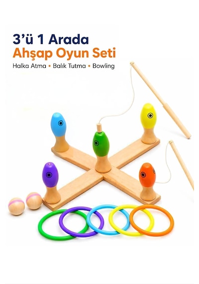 Ahşap Balık Tutma Oyunu 3 Ü 1 Arada Ahşap Oyun Seti Balık Tutma Halka Atma Bowling Eğitici Oyuncak