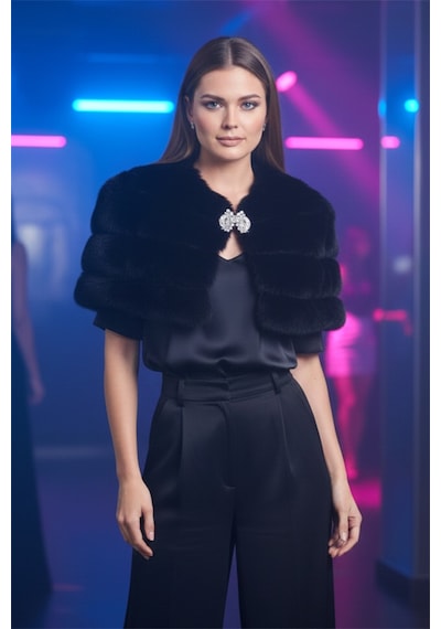 Veraura Lifestyle Siyah Kat Kat Broşlu Kürk Etol Bolero