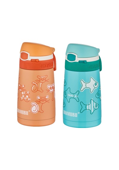 Shamobo 2li Set Pipetli Çelik Termos 350ml -6 Saat Isı Yalıtımı- Turuncu-Mor