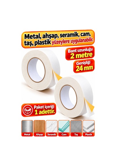 Güçlü Çift Taraflı Köpük Bant 24mm X 2 Metre Montaj Bandı Yapışkanlı Bant