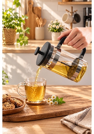 Porsima Smartpan Bv008 French Press Paslanmaz Çelik Süzgeçli Cam Bitki Çayı Demliği Kahve Presi - 600 Ml Siyah