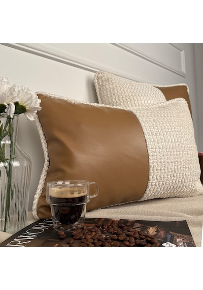 "bouclé & Leather" Deri Kırlent Kılıfı - 30x50 Kahverengi - Bej