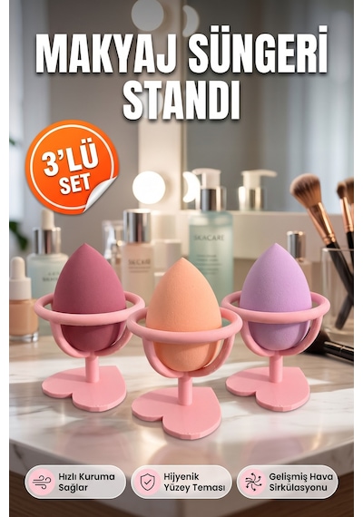 Makyaj Süngeri Standı Havalandırmalı Masaüstü Sünger Tutucu 3'lü Set Pembe