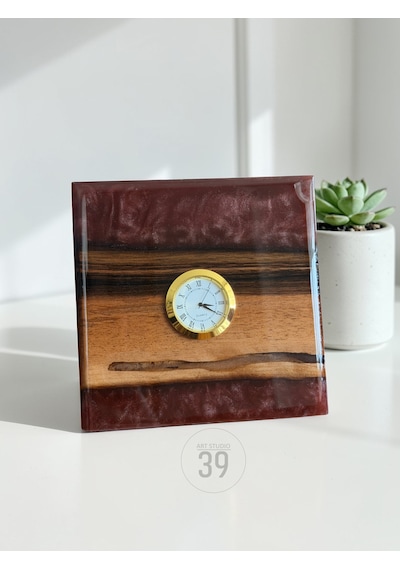 Classic Ceviz & Epoksi Masa Saati 3,5 Cm Altın Kaplama Quartz Mekanizma Tasarım Masaüstü Saat 15x15 Cm Çok Renkli