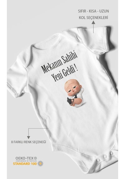 Mekanın Sahibi Yeni Geldi Baskılı Bebek Zıbını Çıtçıtlı Body 8 Renk %100 Pamuk Kısa Kol Beyaz
