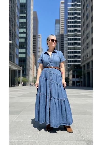 Byemelika Rahat Kalıp, Maxi Denim Elbise Çok Renkli