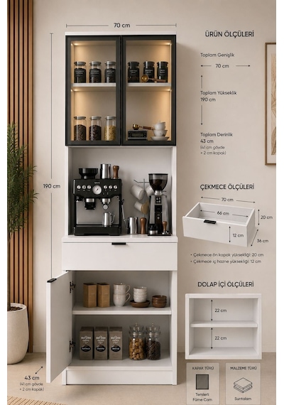 Dream Premium Minimal Kahve İstasyonu - Beyaz Füme Temperli Camlı Led Modül