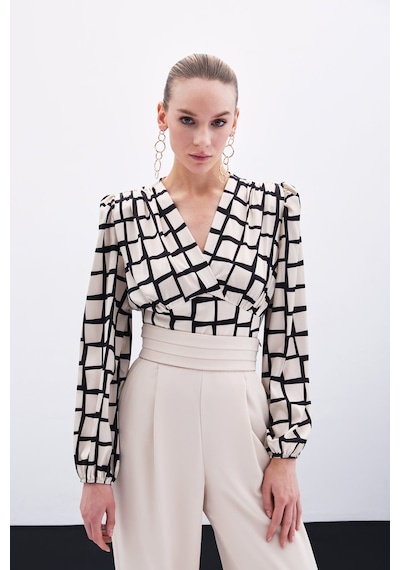 Sateen Desenli Crop Bluz - Bej-135919 Bej