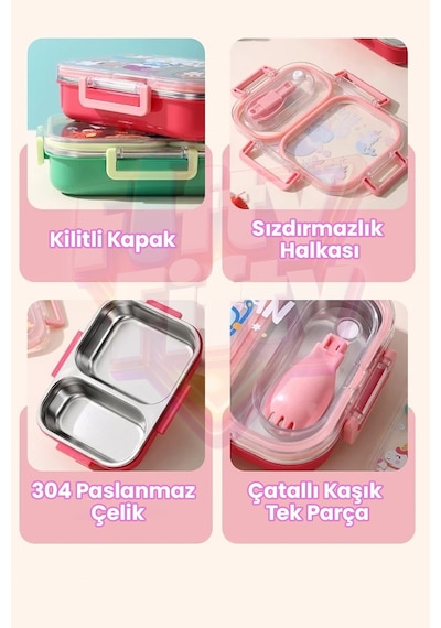 600 Ml Sızdırmaz İki Bölme Paslanmaz Çelik Lunch Box Yeni Nesil Sefer Tası Çatallı Kaşık Ff7163 Pembe