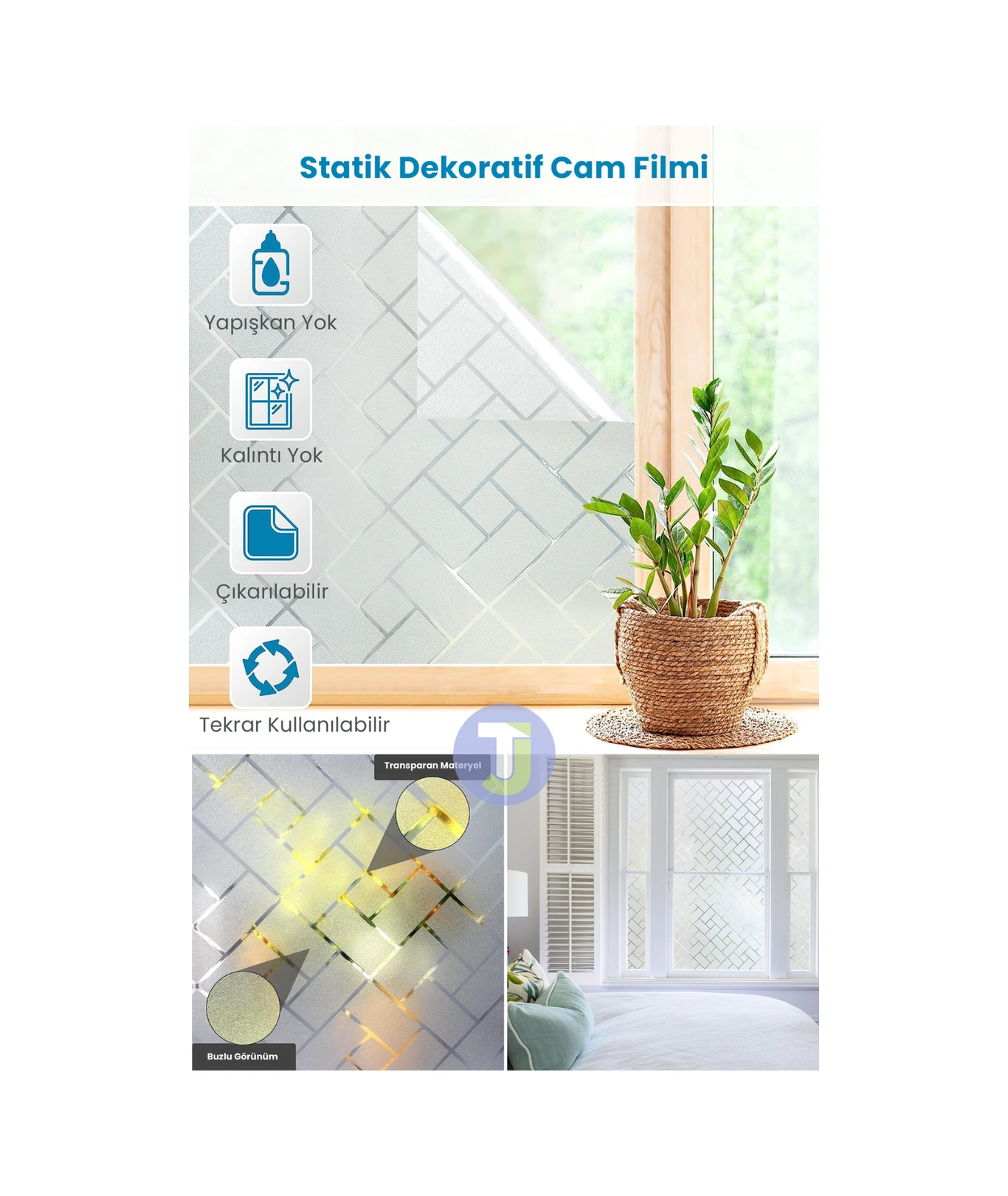 Technojet Statik Buzlu Desenli Cam Kaplama Filmi Duşa Kabin Ofis Dekorasyon Folyo 45cmx100cm Diğer