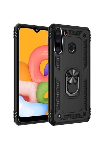 Smcase Samsung Galaxy Uyumlu A21 Kılıf Vega Yüzüklü Standlı Tank Kapak Siyah