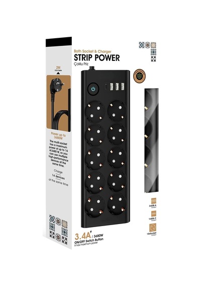 10'lu Akıllı Güç Koruma Grup Priz, 3x Usb-a 1x Usb-c, 3680w, 2 Metre Kablo, Siyah 0