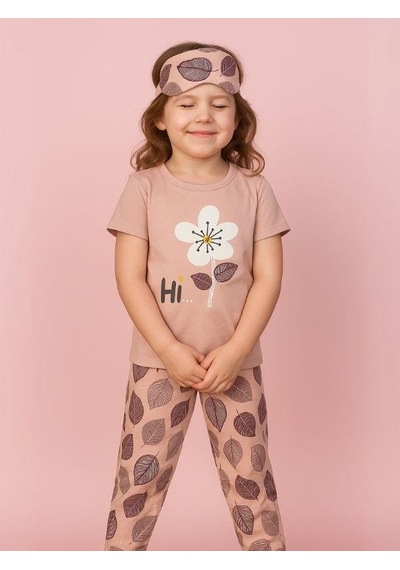 Kız Çocuk Pamuklu Kısa Kol Çiçek Desenli Pijama Takım Uyku Bandı Dahil -16034 Pembe
